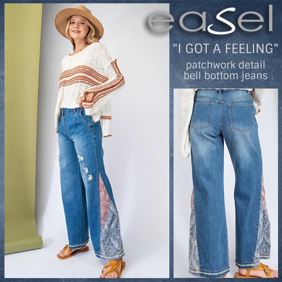 EASEL "I Got A Feeling" Bell Bottom Denim Pant W/Contrast Patchwork At The Sides - Picture 1 of 16